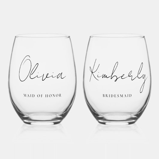 Stilvolles Script Monogram Brautparty Weinglas Ohne Stiel (Vorderseite)