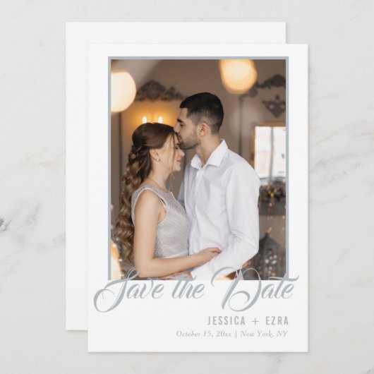 Stilvolles Script Silver und White | FOTO Save The Date (Vorne/Hinten)