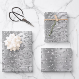 Stilvolles Silber-Glitter-Wild-Großkatzen-Tier-Mus Geschenkpapier Set