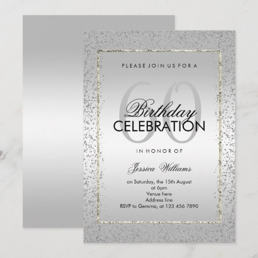 Stilvolles Silver Confetti 60. Geburtstag Einladung (Vorne/Hinten)
