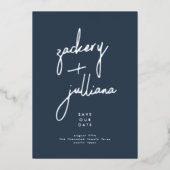 Stilvolles Silver Navy Blue Foto Save the Date Folieneinladung (Vorderseite)