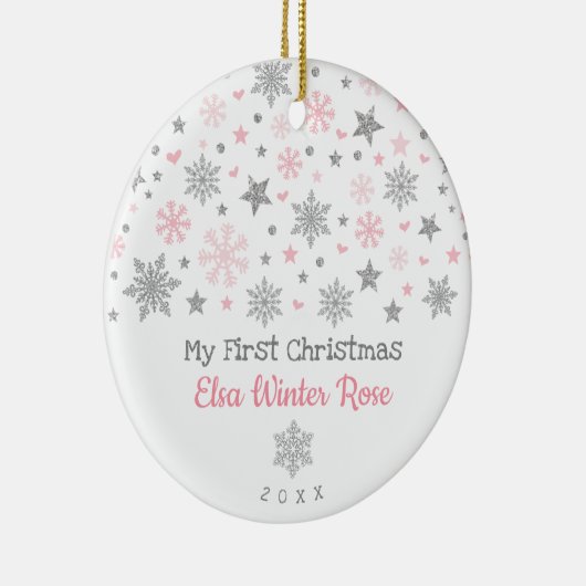 Stilvolles Silver Pink Snowflake Baby Erste Weihna Keramik Ornament (Rechts)
