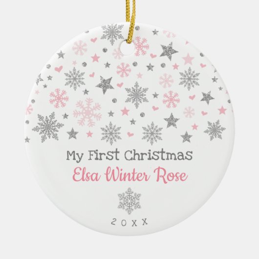Stilvolles Silver Pink Snowflake Baby Erste Weihna Keramik Ornament (Vorne)