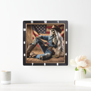 Stilvolles Skelett in Western Atbereie American Fl Quadratische Wanduhr