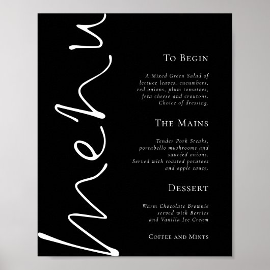 Stilvolles Skript Einfaches Black Wedding Menü Poster (Vorne)