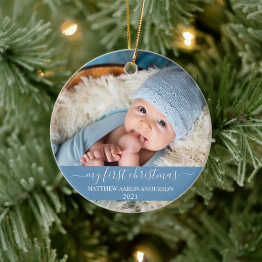 Stilvolles Skript Mein erstes Weihnachtsbaby Blue Keramik Ornament (Baum)