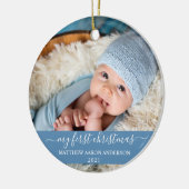 Stilvolles Skript Mein erstes Weihnachtsbaby Blue Keramik Ornament (Links)