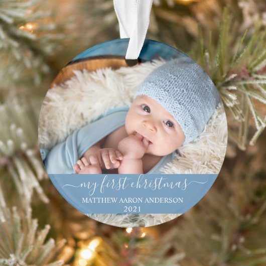 Stilvolles Skript Mein erstes Weihnachtsbaby Blue Ornament (Baum)