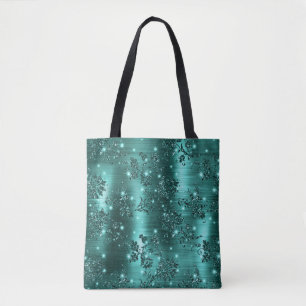 Stilvolles Teal-Schimmer-Glitter und Folien-Blumen Tasche