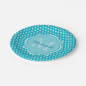Stilvolles Türkis-Polka-Dots Monogramm mit Namen Pappteller (Schrägansicht)