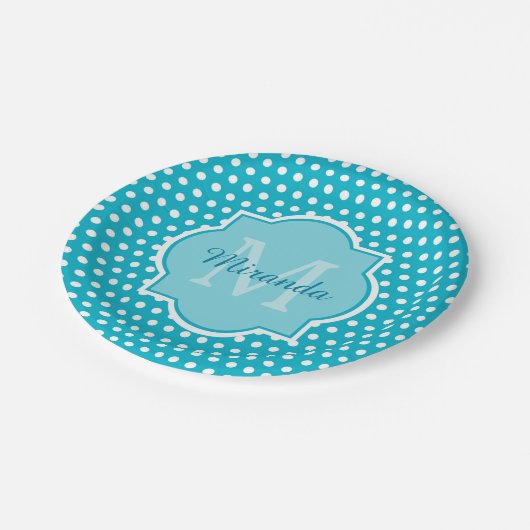 Stilvolles Türkis-Polka-Dots Monogramm mit Namen Pappteller (Schrägansicht)