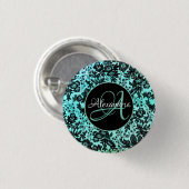 Stilvolles Türkisblau und Schwarz-Blütenmonogramm Button (Vorne & Hinten)