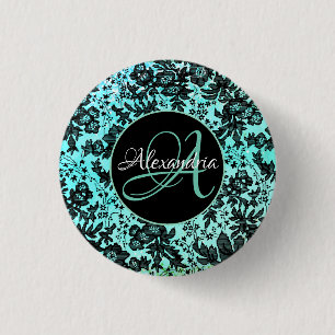 Stilvolles Türkisblau und Schwarz-Blütenmonogramm Button