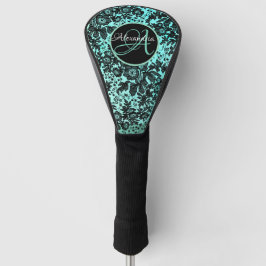 Stilvolles Türkisblau und Schwarz-Blütenmonogramm Golf Headcover