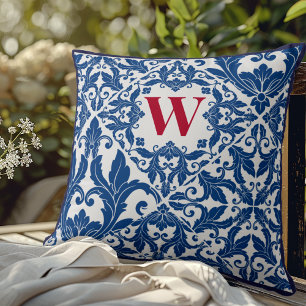 Stilvolles Vintage-Navyblau-Damaskus-Monogramm Kissen