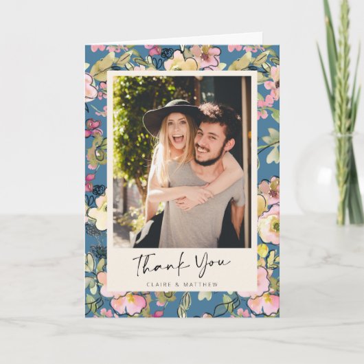 Stilvolles Vintages Blue Floral Personalisiertes F Dankeskarte (Vorderseite)