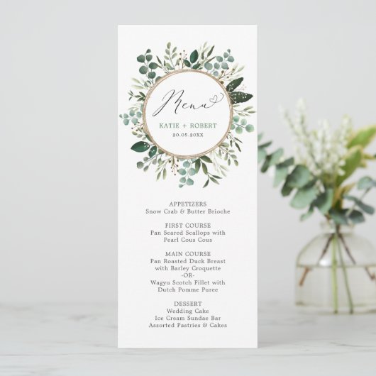 Stilvolles Watercolor Greenery Gold Wedding Menü Einladung (Stehend Vorderseite)