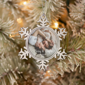 Stilvolles Weihnachten Merry Bright Family Foto Schneeflocken Zinn-Ornament