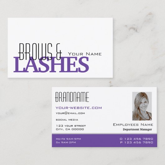 Stilvolles Weiß und Lila Einfaches Foto Beruflich Visitenkarte (Vorne/Hinten)