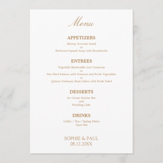 Stilvolles weißes Golden Beige Wedding Menu Menükarte (Vorderseite)