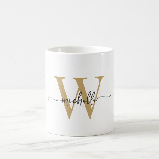 Stilvolles weißes und goldenes Monogramm Namenssch Kaffeetasse (Mittel)