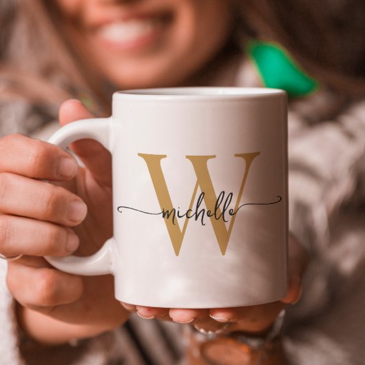 Stilvolles weißes und goldenes Monogramm-Namenssch Kaffeetasse