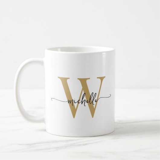 Stilvolles White and Gold Monogram Name Script Kaffeetasse (Links)