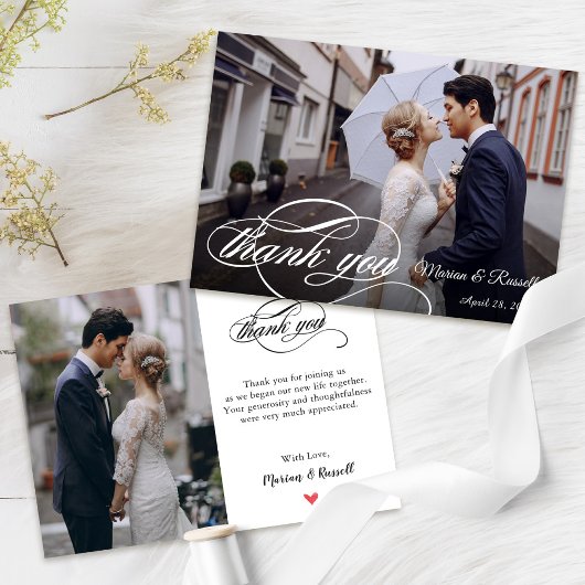 Stilvolles White Calligraphy Wedding Foto Dankeskarte