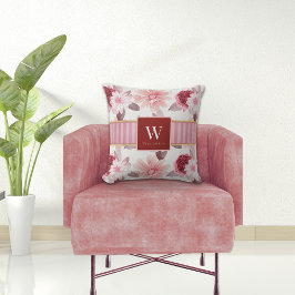 Stilvolles White Magenta Pink Floral Stripe Monogr Kissen