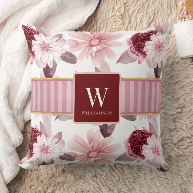 Stilvolles White Magenta Pink Floral Stripe Monogr Kissen (Decke)