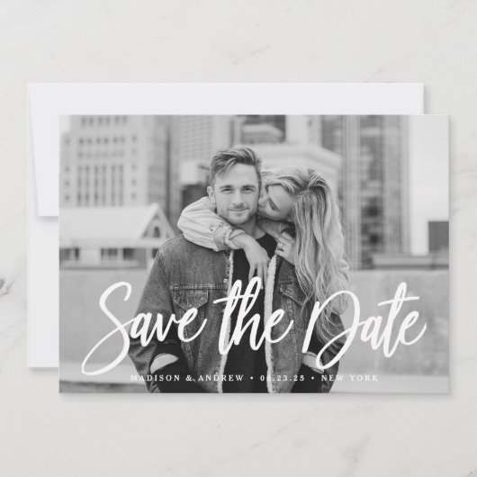 Stilvolles White Script-Foto Save the Date (Vorderseite)