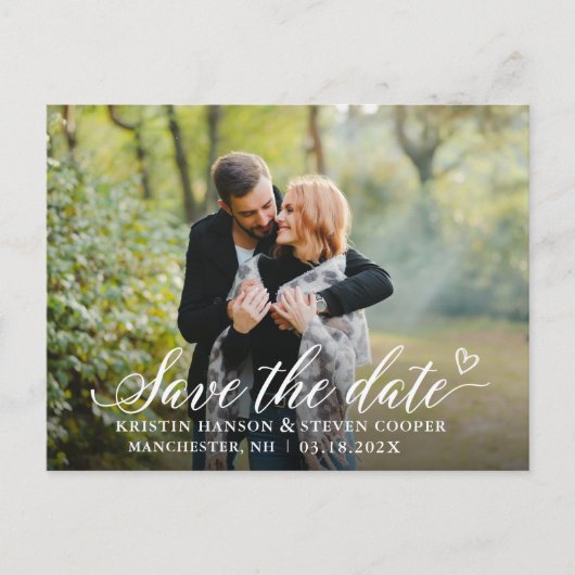 Stilvolles White Script Foto Save the Date Postcar Postkarte (Vorderseite)