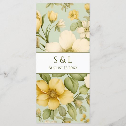 Stilvolles, zartes Grün und beige Blumengerichte Menükarte (Rückseite)