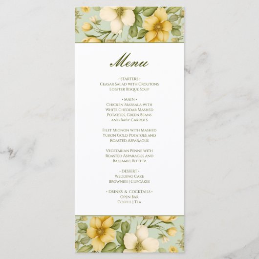 Stilvolles, zartes Grün und beige Blumengerichte Menükarte (Vorderseite)