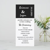 Stilvolles zeitgenössisches Schwarz-Weiß-Hochzeits Programm (Stehend Vorderseite)