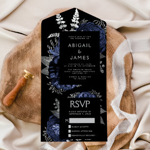 Stimmungsvolle dunkle Floral Navyblau Silber Hochz All In One Einladung