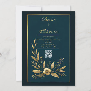 Stimmungsvolle Navy-Gold-Botanical-Hochzeit Einladung