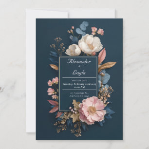 Stimmungsvolle Navy-Rosa-Weiße Florale Hochzeit Einladung