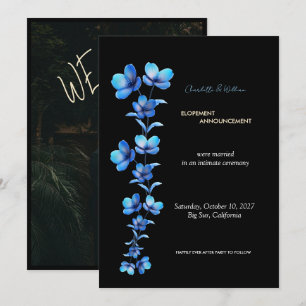 Stimmungsvolle schwarze und blaue Blumen-Elopement Einladung