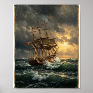 Stimmungsvolles hohes Küsten-Schiff stürmische Wel Poster
