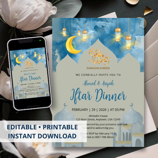 Stimmungsvolles Iftar-Dinner mit blauer Wasserfarb Einladung