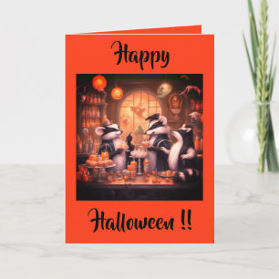 Stinktier-Halloween-Party in einem Sodashop Feiertagskarte