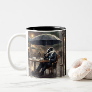 Stinktier im Geschäftsanzug trinkt Kaffee im Regen Zweifarbige Tasse