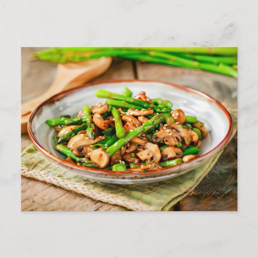 Stir Fried Asparagus mit Pilzen Feiertagspostkarte (Vorderseite)