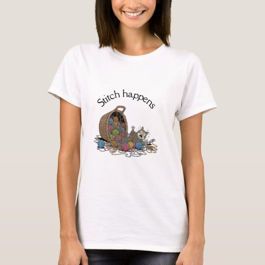 Stitch Happens - Funny Cat & Yarn Crochet T-Shirt (Vorderseite)