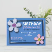 Stitched Blume Trendy Blue Birthday Einladungen (Stehend Vorderseite)