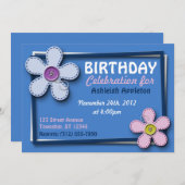 Stitched Blume Trendy Blue Birthday Einladungen (Vorne/Hinten)