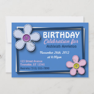 Stitched Blume Trendy Blue Birthday Einladungen