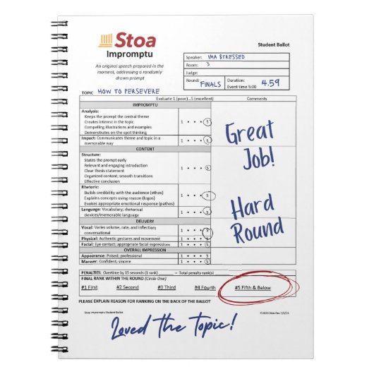 Stoa Speech Ballot 5. und darunter Notizblock (Vorderseite)