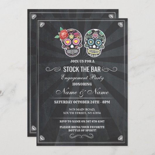 Stock Bar Sugar Skulls Halloween Chalk Invite Einladung (Vorne/Hinten)